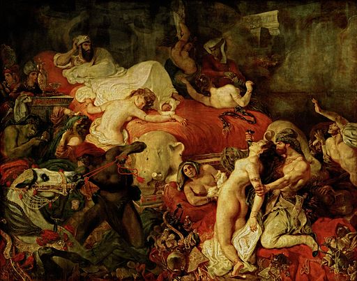 Peinture représentant la mort du roi Sardanapale et de ses favorites, dans des tons rouge, blanc et brun