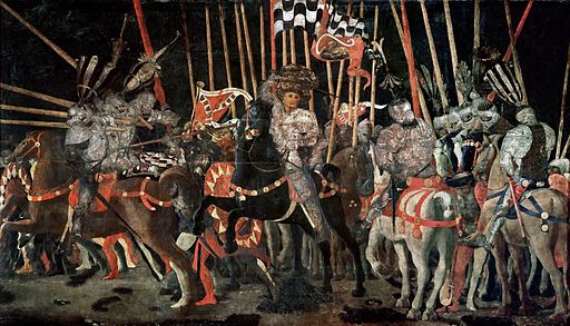 Peinture représentant des hommes en armure et à cheval, dans des tons rouge, gris et noir