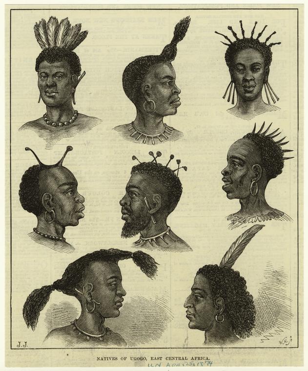 Gravure - 8 représentations de coiffure avec tresses, ou plumes