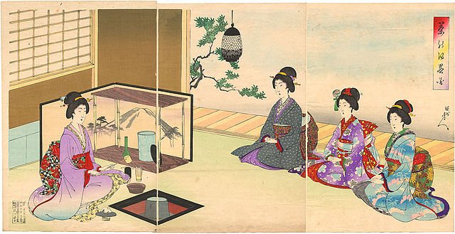 Une peinture représentant des femmes japonaises assises, servant le thé