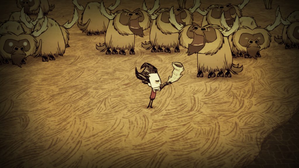 Le personnage de Don't Starve devant un troupeau