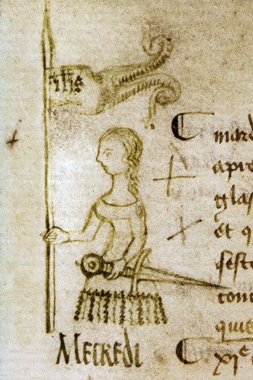 Dessin représentant une jeune femme aux cheveux longs, à la robe longue, avec une épée à la taille et un étendard