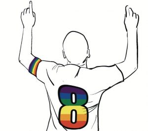 dessin au trait : sportif de dos ave un numéro arc-en-ciel sur son maillot et brassard assorti