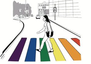 dessin au trait : femme traversant un passage piéton arc-en-ciel