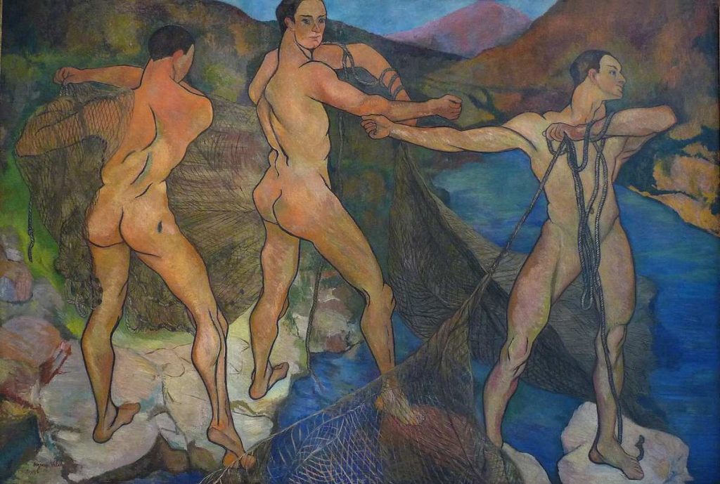 Peinture représentant trois hommes nus au bord de l'eau, lançant un filet de pêche.