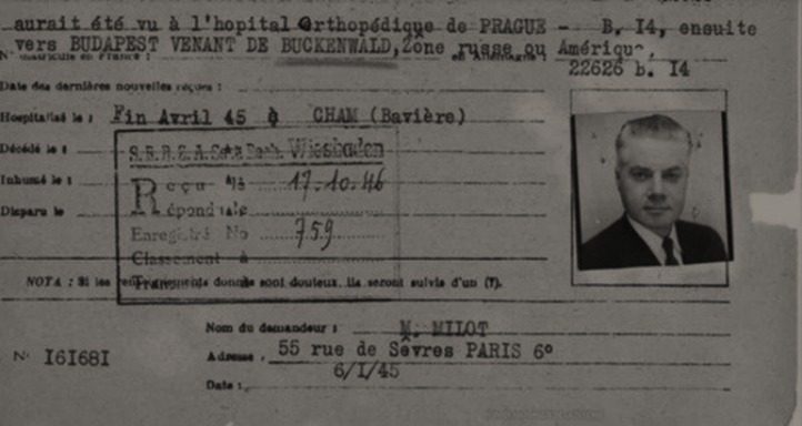 La « demande de recherche de déporté » déposée par Marthe Minot, le 6 janvier 1945, et la photo de son mari qui l’accompagne. SERVICE HISTORIQUE DE LA DÉFENSE