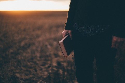 Une main tient un livre au soleil couchant