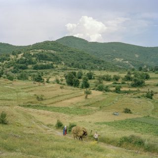 Une prairie vallonnée où passent deux paysans.