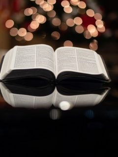 Livre ouvert sur une table, lumières fond