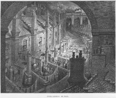 Gravure de Gustave Doré montrant une enfilade de petites maisons, et leurs arrière-cours minuscules