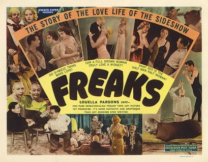 Affiche publicitaire pour le film Freaks, montrant un homme tronc, des soeurs siamoises, une personne de petite taille, un homme sans jambes...